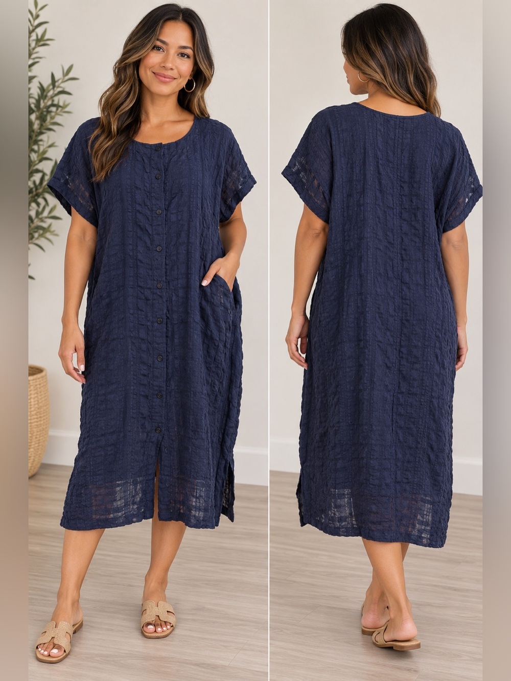 Eileen Fisher Linen Textured Button Front Midi Dress L Navy Blue Oversized